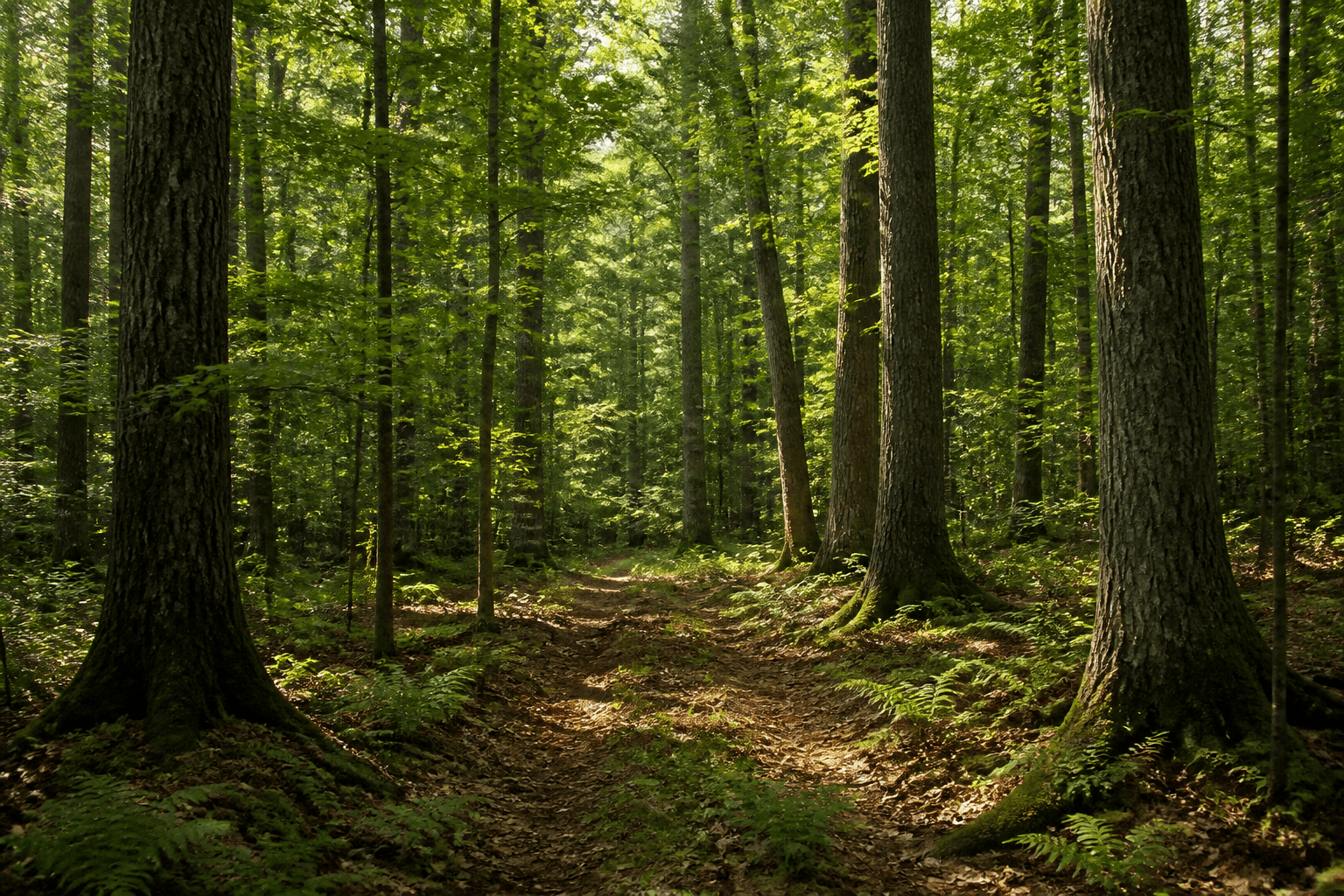 Mature mixed hardwood forest with a quiet forest floor