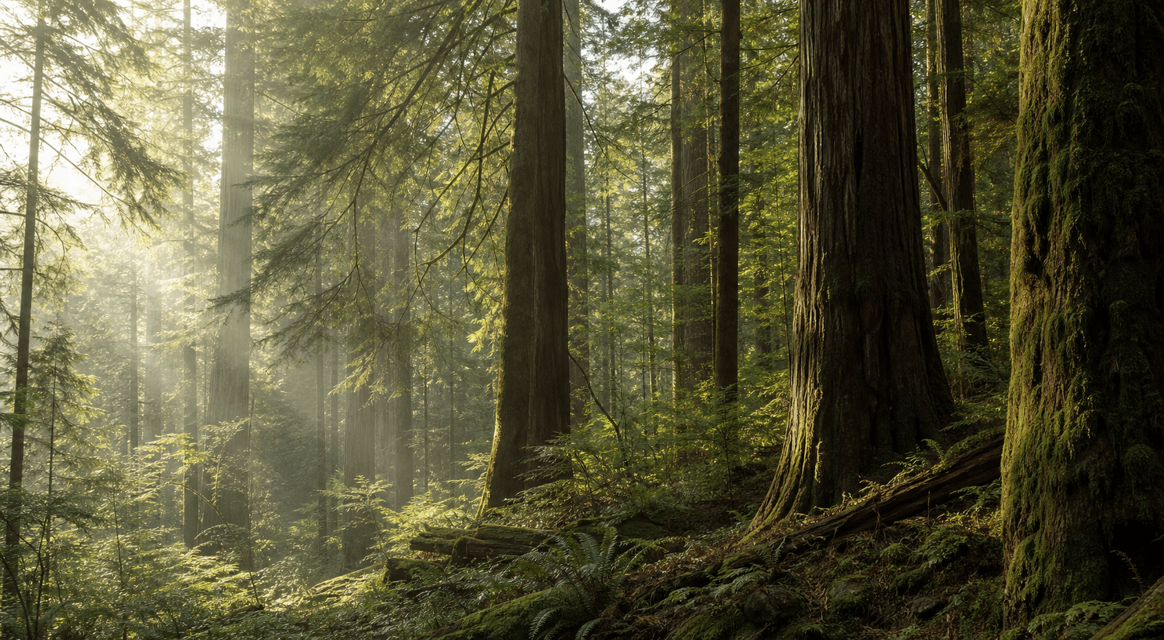 Old-growth forest canopy with mature trees and filtered sunlight